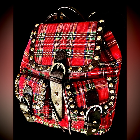 SHEIN NWOT Backpack vegan Leather Silver Studs & Red Plaid - Picture 4 of 10